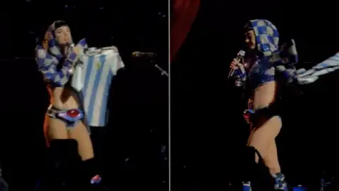 Katy Perry mostra camisa da Argentina em show e brinca: "Os brasileiros vão ficar muito bravos"